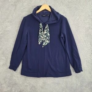 Susan Graver Weekend Hoodie Women's XS Navy Blue Leopard Print Tie Neck Pockets